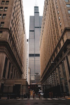 从芝加哥邻近建筑低角度拍摄的威利斯大厦令人惊叹