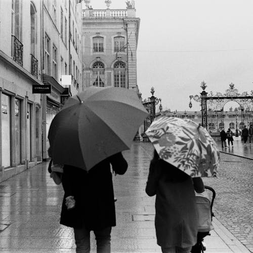 A couple of people walking down a street with umbrellas