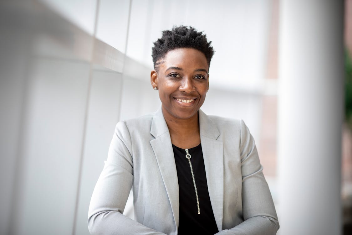 Free Woman Wearing Gray Notch Lapel Suit Jacket Stock Photo