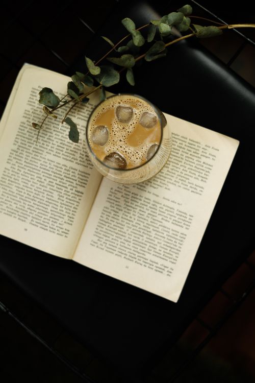 Free Top view of iced coffee on an open book with eucalyptus, perfect for relaxation. Stock Photo