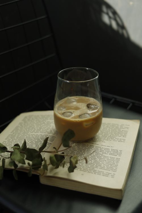 Free A refreshing iced coffee in a glass on an open book, evoking a serene reading ambiance. Stock Photo