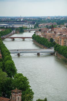 Aerial view of the picturesque bridges spanning the Adige River in Verona, showcasing stunning architecture.