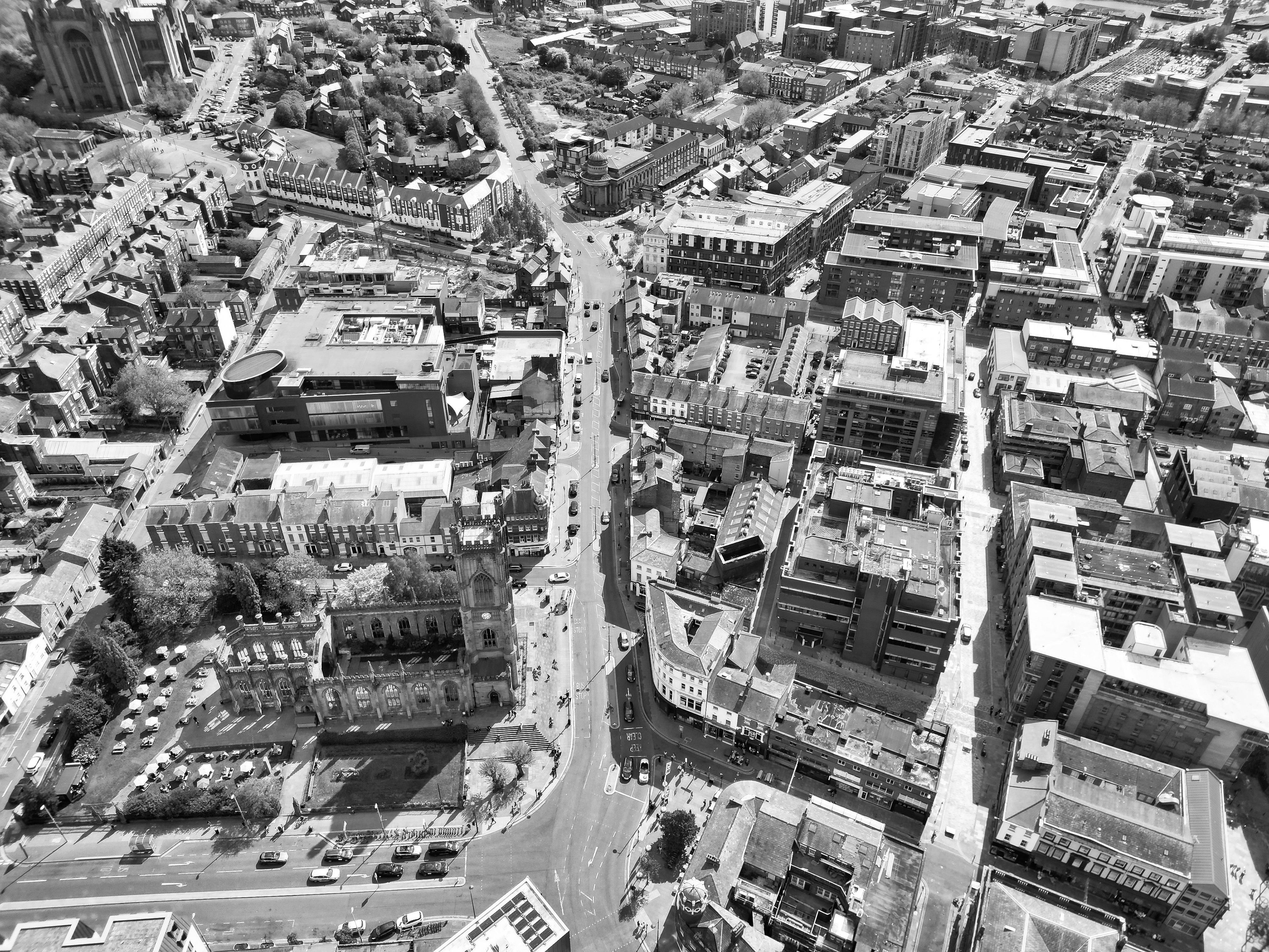 aerial view of the city black and white