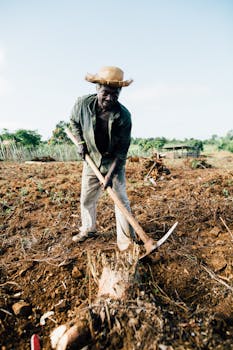 一位非洲农民戴着草帽，在田野里用铲子耕种