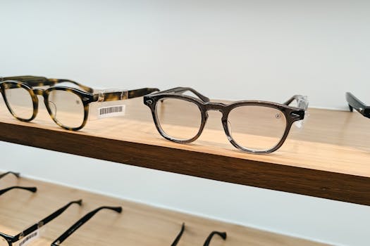 Minimalist display of modern eyewear on a wooden shelf in a well-lit setting.