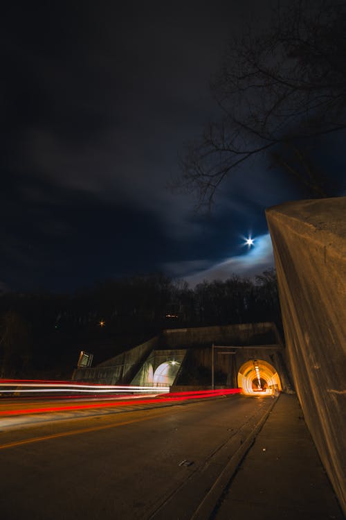 Time-Lapse Photography of Road Tunnel at Night