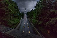 阴天里，郁郁葱葱的绿植映衬下，温哥华市不列颠哥伦比亚省的一座桥呈现出喜怒无常的景象