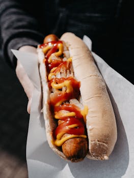 A delicious hot dog topped with ketchup and mustard, perfect for a quick meal or snack.