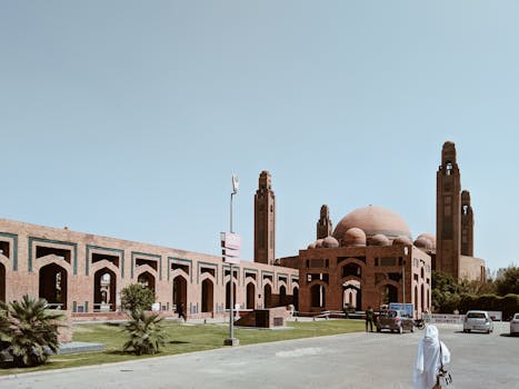 一座宏伟的清真寺，在晴朗的蓝天下展示着醒目的圆顶和尖塔，彰显了伊斯兰建筑的特色