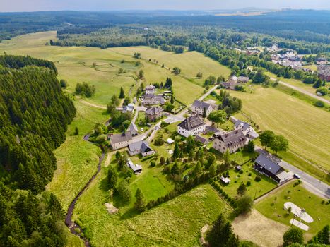 Aerial view of the scenic village landscape in Chomutov, Czech Republic during summer.