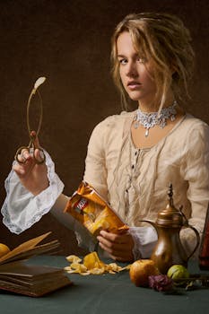 一位穿着经典复古服装的女人在室内享用薯条，风格肖像