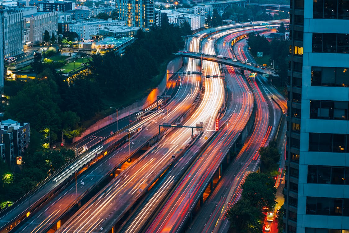 A long exposure photo of traffic on a highway