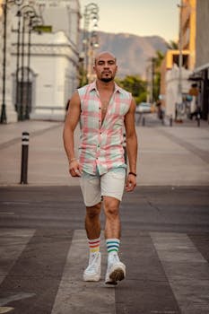 Bald man in casual summer attire walking confidently down urban street at dusk.