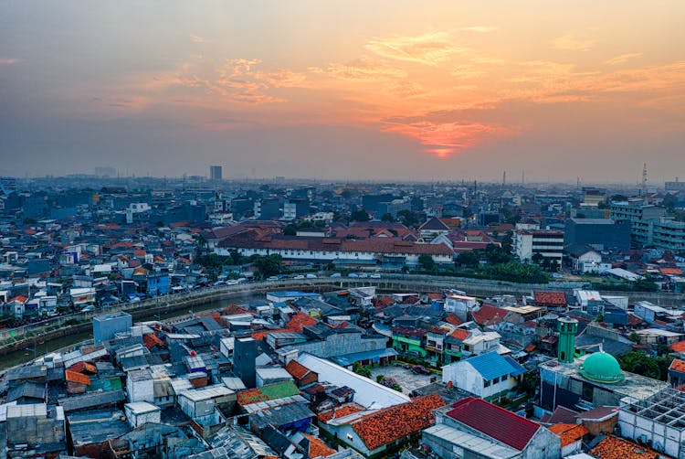 Bird's Eye View Of Town During Dawn