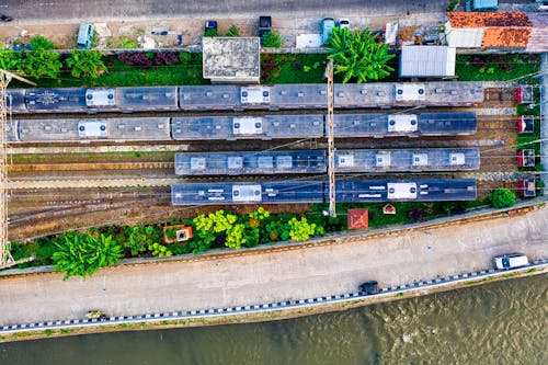 Free Aerial Photo of Trains in Yard Stock Photo