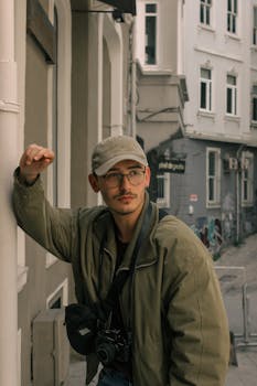 Trendy man with glasses posing in a stylish jacket on city streets, capturing a classic urban vibe.