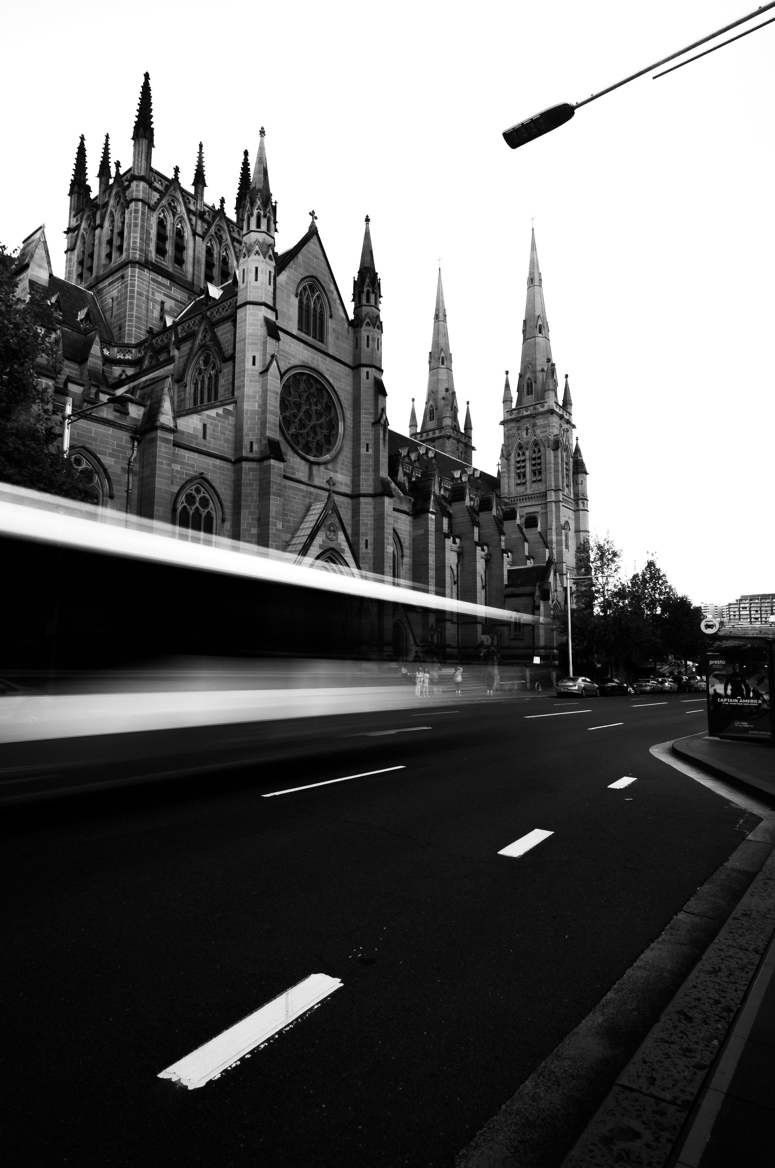 Stunning black and white shot of St. Mary's Cathedral with a motion blur effect in Sydney, Australia.