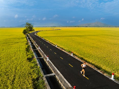 Drone shot of a woman running on a rural road amid vast yellow croplands under a clear blue sky.