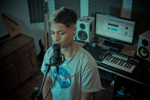 Young rapper recording vocals in a home studio with professional equipment.