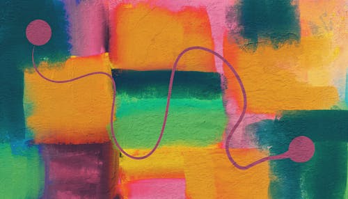 A colorful abstract painting with a pink and green line