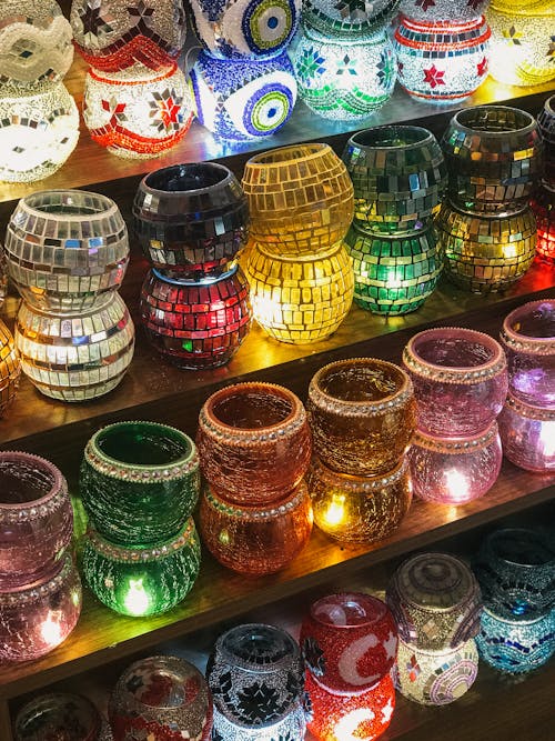 Assorted Mosaic Glass Candle Holders on Shelf