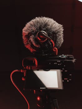 Close-up of a DSLR camera with a microphone, perfect for video and audio recording.