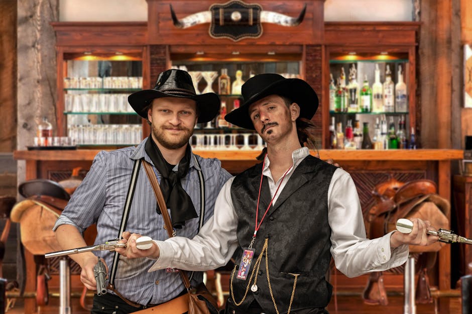 Two men in cosplay cowboy attire with guns in a Western-themed bar setting.