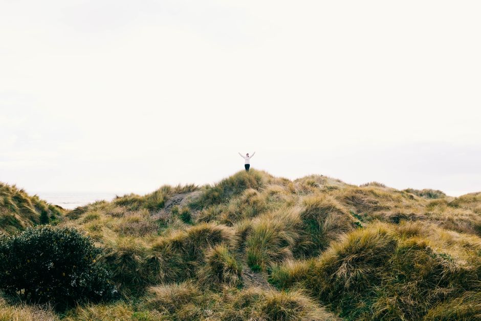 A lone figure stands triumphantly on a grassy hilltop under an expansive sky.