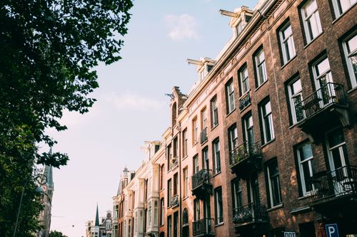 Free Elegant brick apartment buildings with tree-lined street in soft daylight. Stock Photo