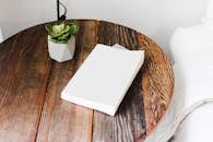 特写镜头中的木制床头柜，摆放着多汁植物和一本书，展现了舒适的家居装饰