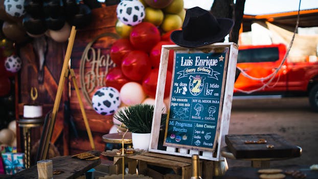 Chalkboard sign at a vibrant birthday setup with balloons and western theme.