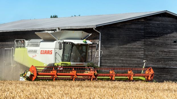 Combine harvester cutting wheat in a sunny field near a traditional barn in Höxter, Germany.