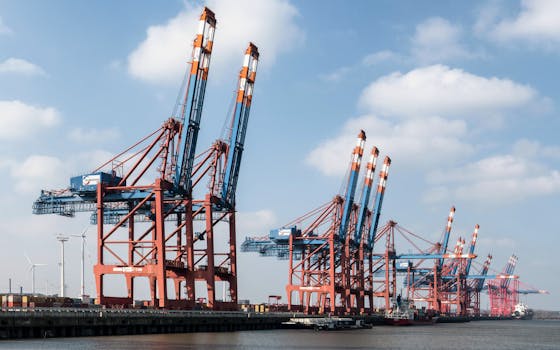 Diverse cranes and containers at the Port of Hamburg on a sunny day.
