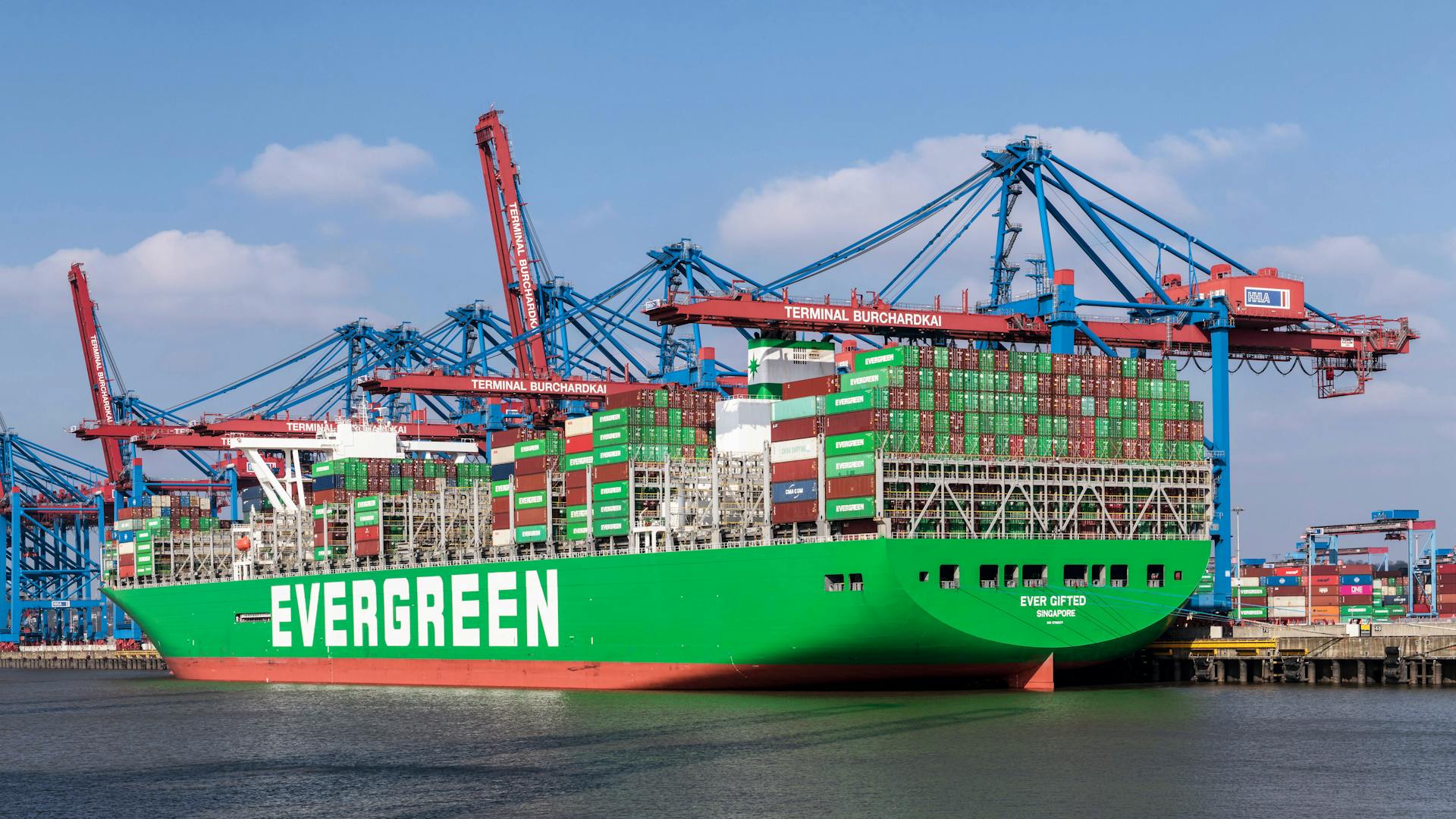 Container ship Evergreen docked at Terminal Burchardkai in Hamburg, Germany.