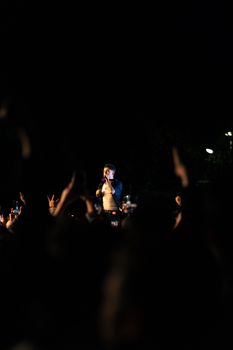 Vibrant night concert scene with singer engaging the audience on stage among bright lights.