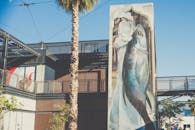 迪拜街头艺术壁画描绘了一位传统的阿联酋男人和一条鱼，融合了现代与文化主题