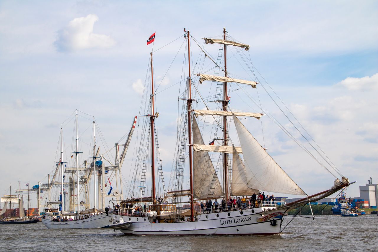 majestic view of the loth lorien barquentine sailing in hamburg harbor