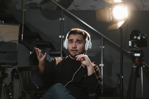 Portrait of a man wearing headphones, sitting in a studio, gesturing towards the camera, with a microphone and lighting setup.