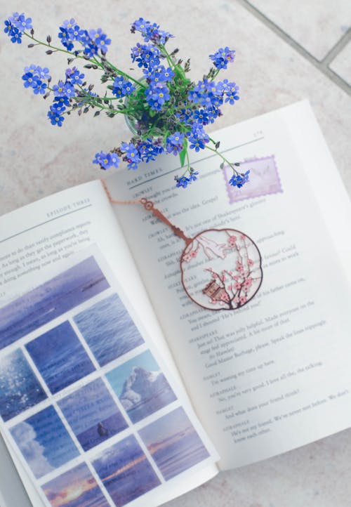 A book with a blue flower on it and a blue flower on the page
