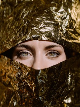 一幅女子的优雅肖像部分被金箔遮掩，凸显了她神秘的眼眸