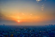 在令人叹为观止的城市景观下，日落充满活力，天际线广阔无垠