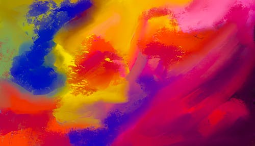 A colorful abstract painting with a bright blue, yellow and red color