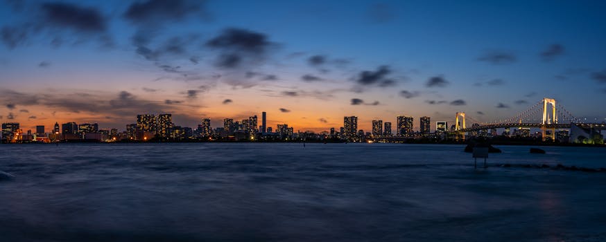 暮色中，令人惊叹的东京天际线与灯火通明的桥梁倒映在海面上