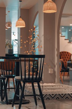 Stylish restaurant interior featuring wooden chairs, tables, and ambient lighting creating a cozy atmosphere.