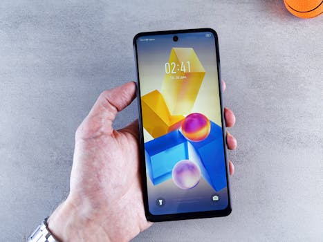 A hand holding a smartphone displaying colorful geometric shapes on the screen.