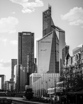 城市景观以黑白两色展现了市中心商业区的现代摩天大楼