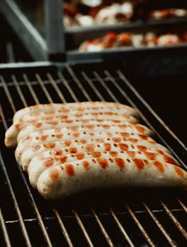 Delicious bratwurst sausages grilling on a BBQ in Berlin, ready to serve.