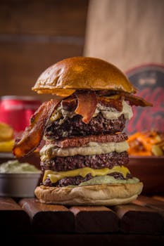 Mouth-watering triple-layer burger with bacon and cheese, perfect for fast food lovers.