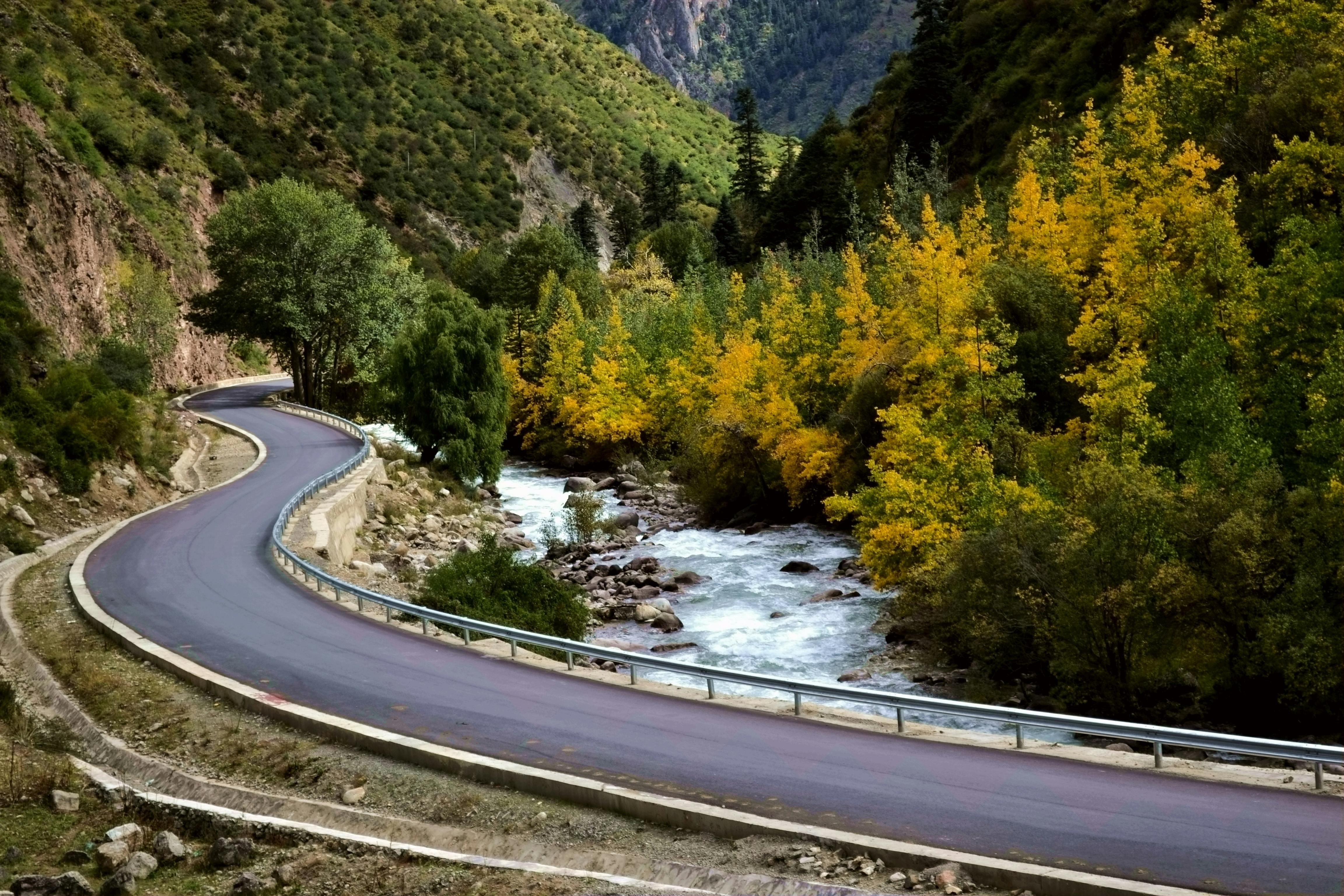 Curved road amidst vibrant autumn trees and flowing stream in a tranquil valley.