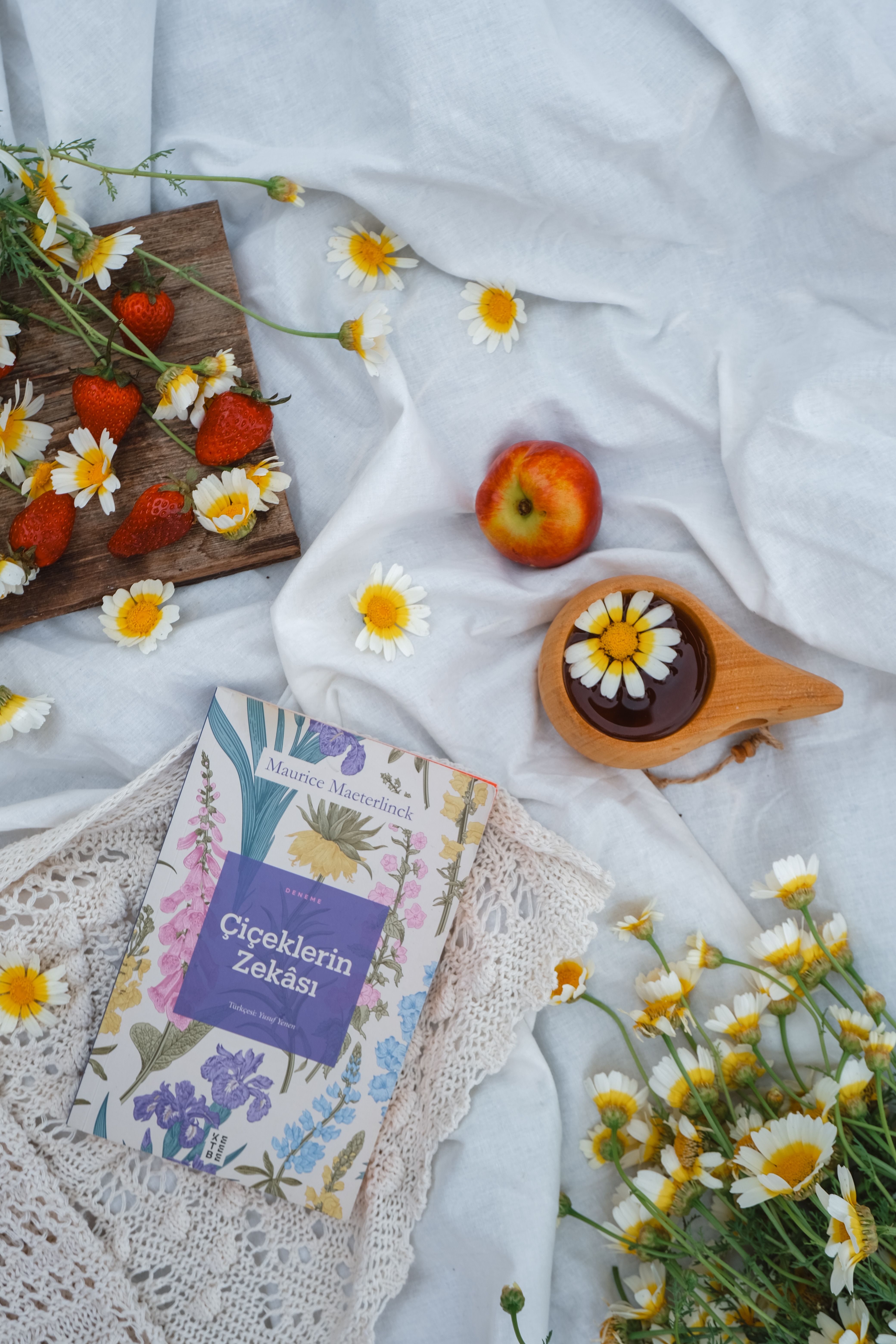 Relaxing still life with daisies, apple, strawberries, and a book on white fabric.
